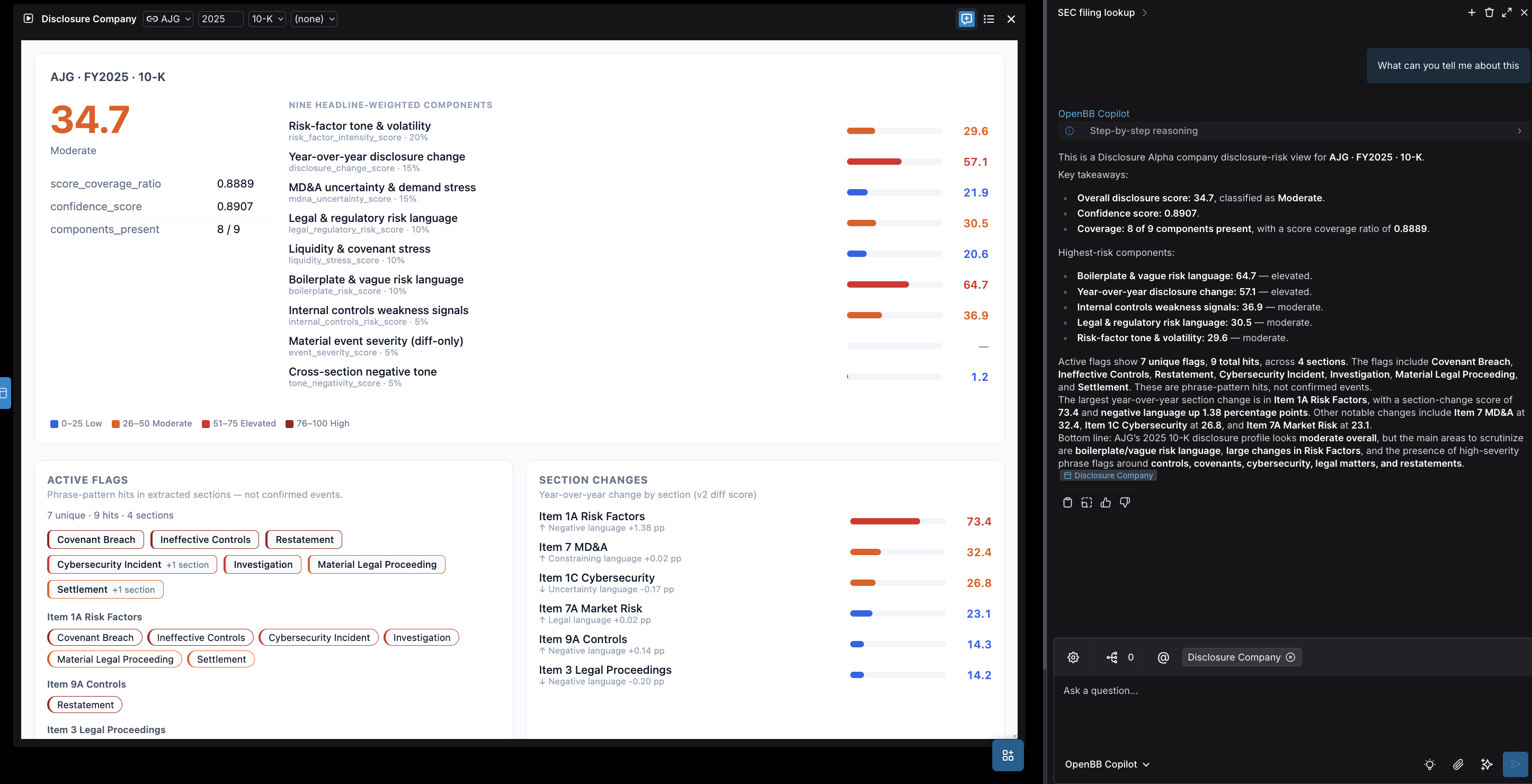 Disclosure Alpha Company widget in OpenBB Workspace (AJG FY2025 10-K)